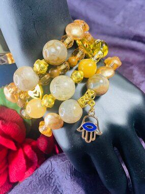 One-Of-A-Kind Evil Eye Charm, Agate, Tiger Skin Jasper & Pearl Bracelet Set